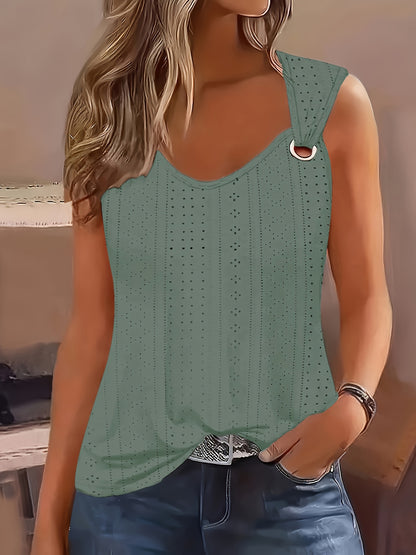 Eyelet Solid Tank Top, Casual Sleeveless for Summer.