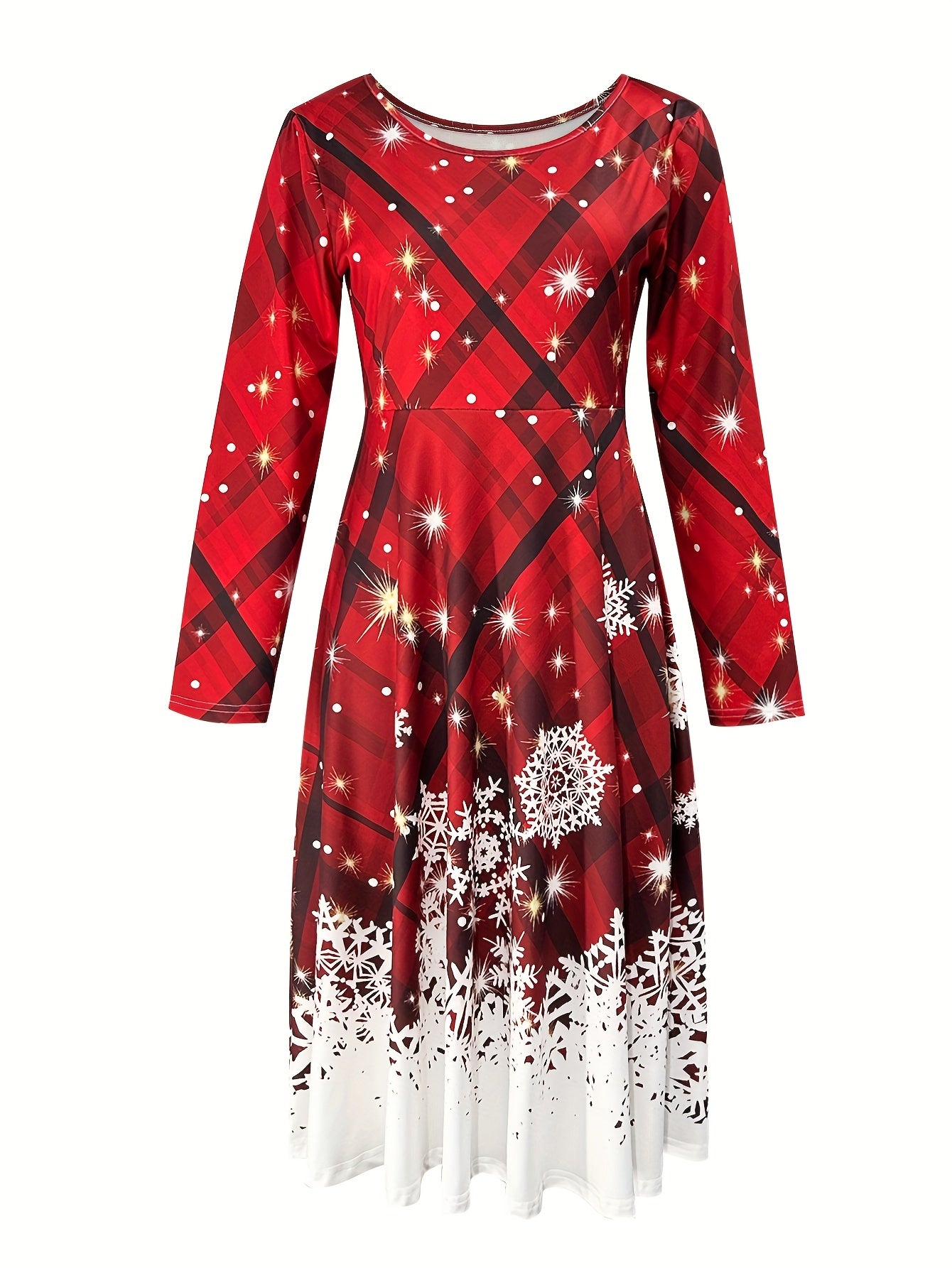 Christmas Print Long Sleeve Midi Dress, Crew Neck for Fall & Winter.