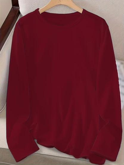 Solid Color T-shirt, Long Sleeve Crew Neck, Casual Top for Fall & Spring.