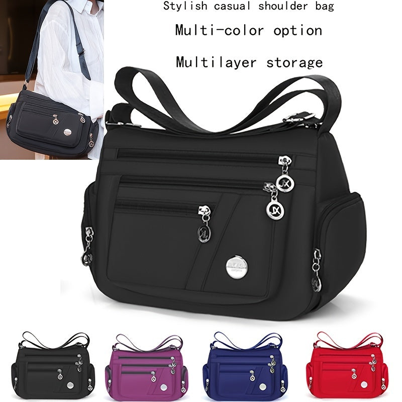 1pc Waterproof Nylon Crossbody Bag for Women, Casual Style with Studded Details, Lightweight Daily Commute Shoulder Bag with Adjustable Strap, Zipper Closure, Polyester Lining, Multi-Layer Storage