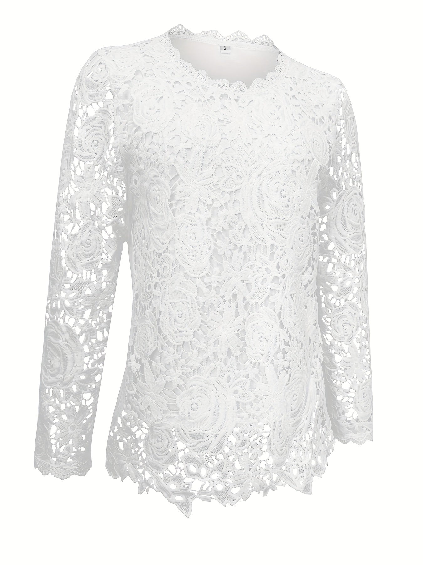 Guipure Lace Scallop Trim T-shirt, Elegant Long Sleeve Top For Spring & Fall, Women's Clothing