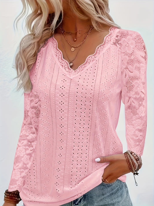 Elegant Contrast Lace V-neck T-shirt, Long Sleeve, Ideal for Spring & Fall.