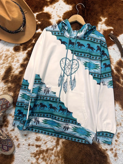 1pc Vintage Bohemian Dreamcatcher Print Women'S Hoodie, Casual Round Neck Pullover with Drawstring, Polyester Knit Fabric, Geometric Pattern, All Seasons