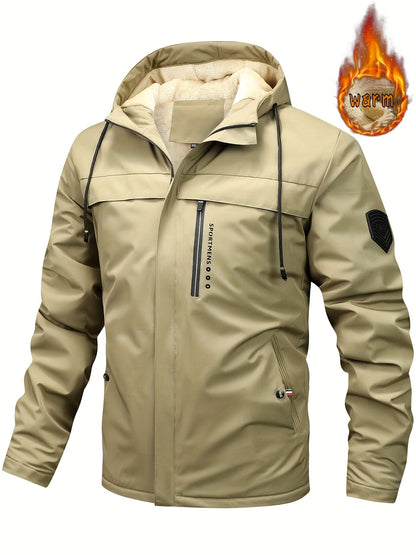 Warm Fleece Hooded Jacket, Men's Casual Winter Jacket Coat For Outdoor Activities