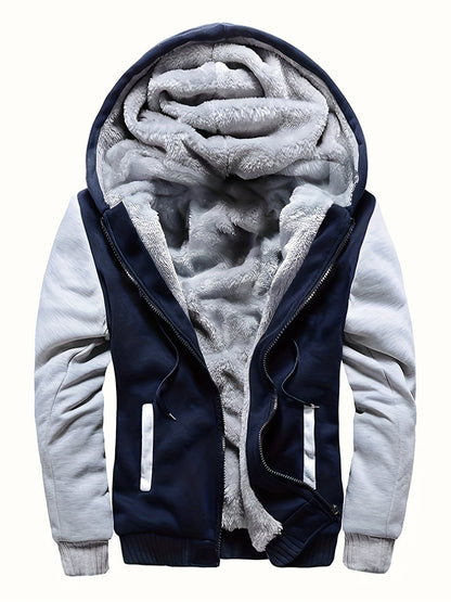 Men's Fleece Hooded Jacket, Casual Color Block Coat for Fall/Winter