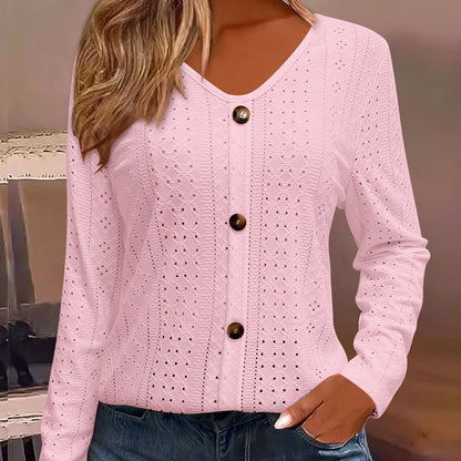 Eyelet Button Front T-Shirt, Casual V-Neck, Long Sleeve for Spring & Fall.