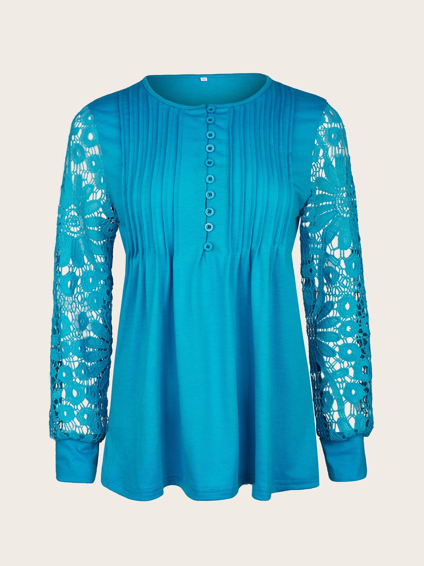 Lace Contrast Pleated Front T-Shirt, Button V-Neck, Casual Long Sleeve Top.