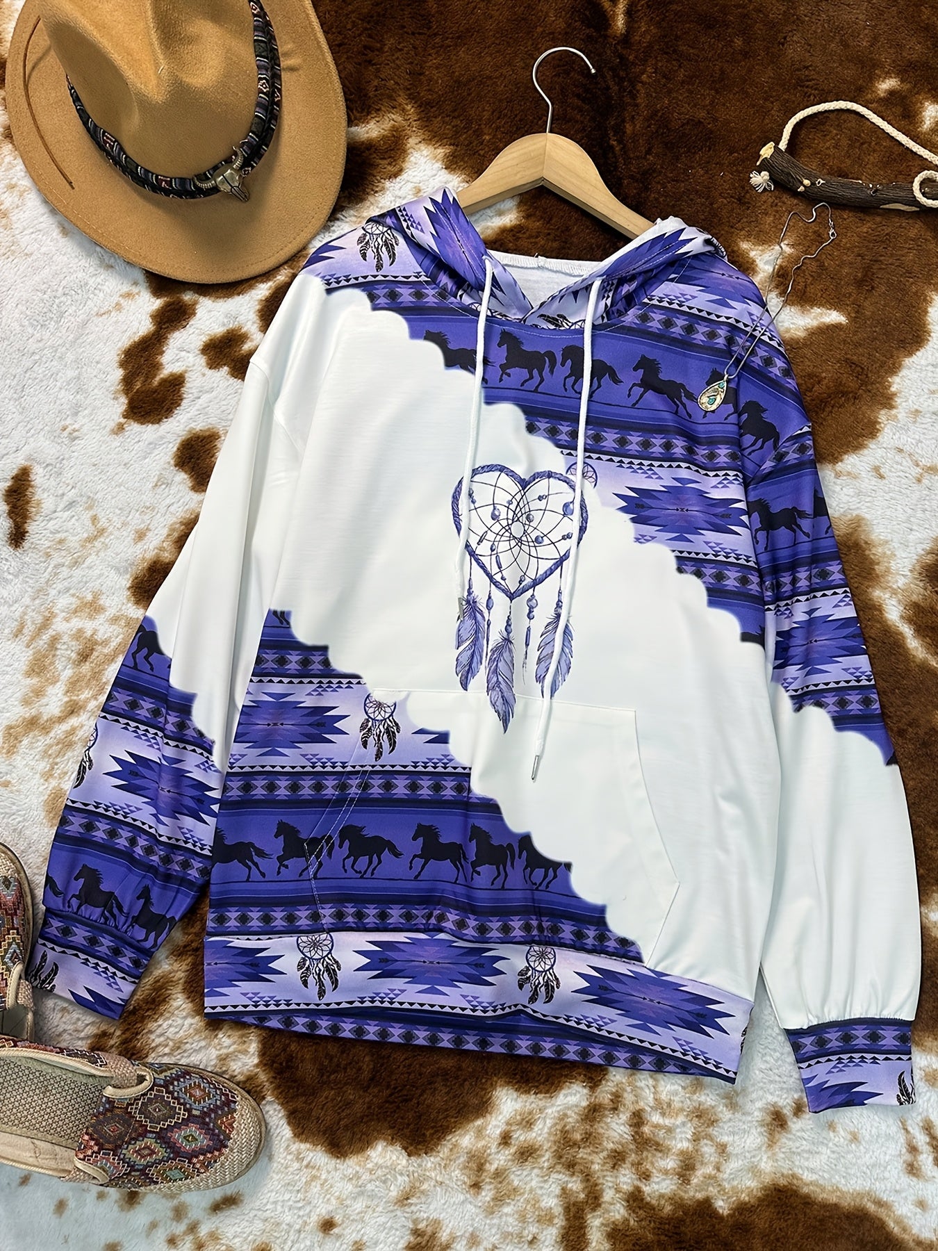 1pc Vintage Bohemian Dreamcatcher Print Women'S Hoodie, Casual Round Neck Pullover with Drawstring, Polyester Knit Fabric, Geometric Pattern, All Seasons