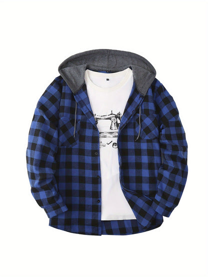 Plaid Shirt Coat For Men Long Sleeve Casual Regular Fit Button Up Hooded Shirts Jacket