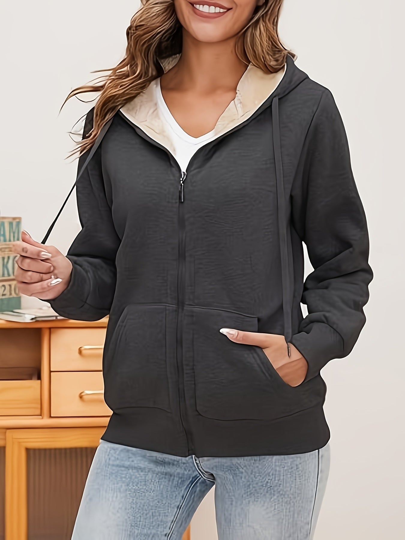 Sherpa Lined Hooded Zip-up Sweatshirt, Warm Fleece Jacket for Women