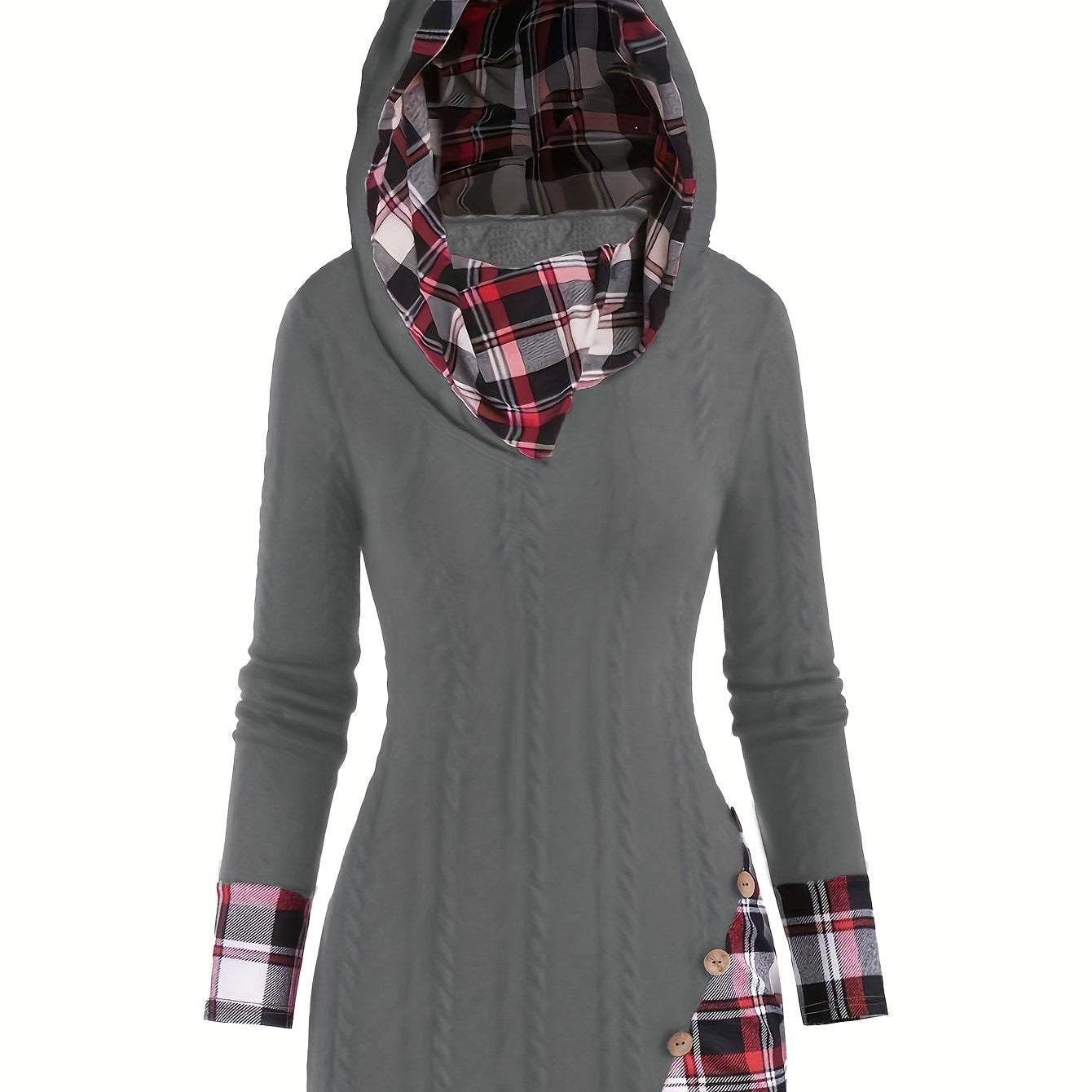 Plaid Splicing Button Decor Cable Hooded Sweater, Casual Long Sleeve Sweater, Women's Clothing