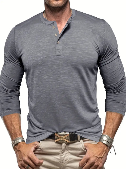 Men's Long Sleeve Henry Collar Bottoming T-shirt Three-Buckle Top