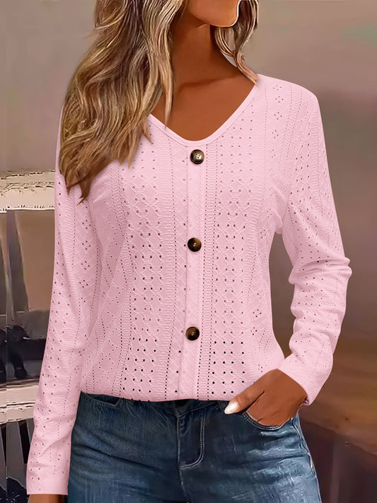 Eyelet Button Front T-Shirt, Casual V-Neck, Long Sleeve for Spring & Fall.