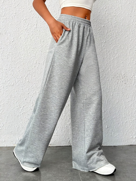 Solid Color Slant Pockets Wide Leg Sweatpants, Casual Daily Wear Workout Pants For Spring & Fall, Women's Clothing