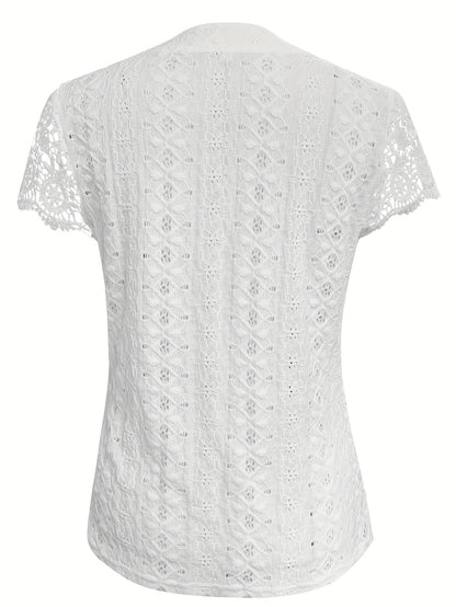 Women's Solid Color Button Decor Lace Stitching V-Neck Hollow Out Short Sleeve Summer Casual Basic T-Shirt