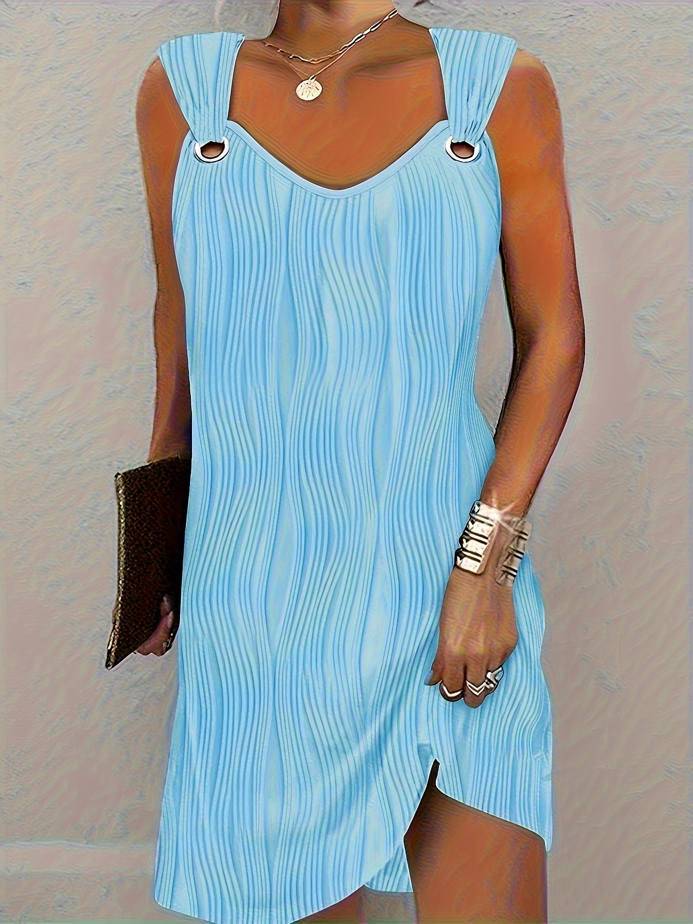 Wavy Stripe Solid Dress, Casual V Neck Sleeveless Mini Dress, Women's Clothing