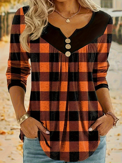 Festive Black & White Plaid Print V-Neck T-Shirt for Women - Boho Style with Button Detail, Long Sleeves, Polyester, Machine Washable - Ideal for Fall