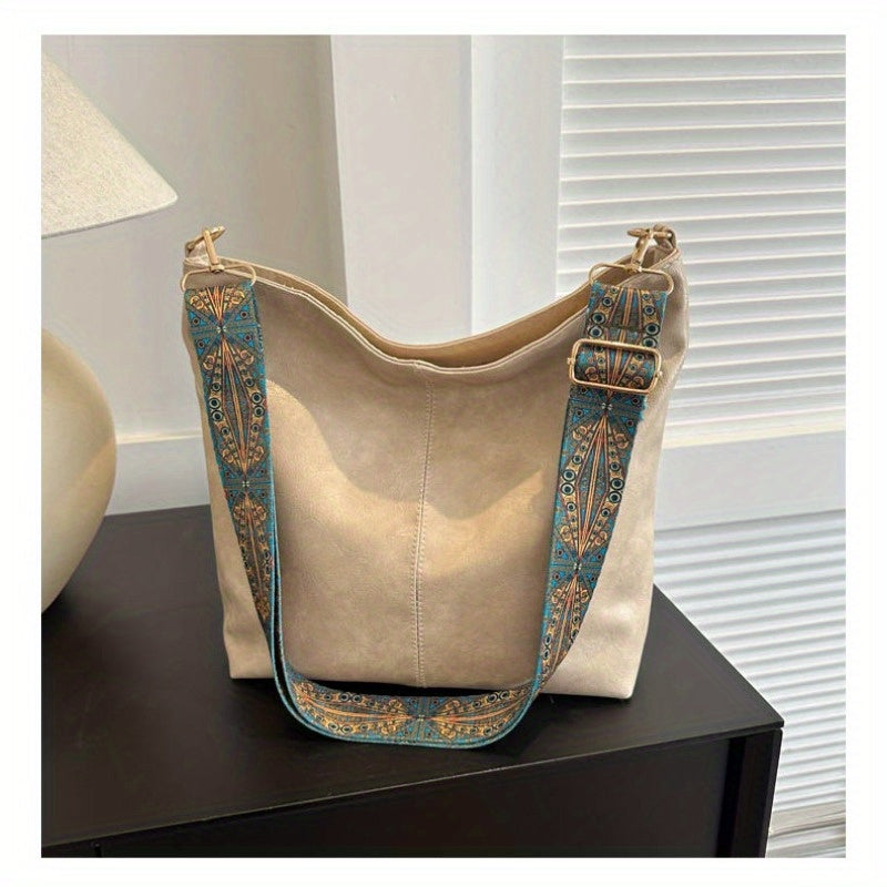 Boho Chic Large Capacity Women's Shoulder Bag, Vintage Wide Strap Crossbody Tote, Casual Commuter Bag