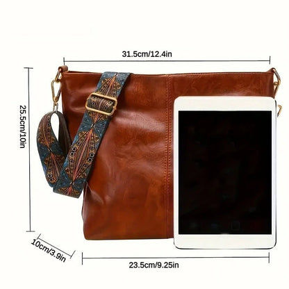 Boho Chic Large Capacity Women's Shoulder Bag. Vintage Wide Strap Crossbody Tote. Casual Commuter Bag