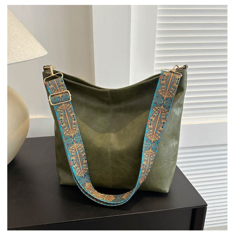 Boho Chic Large Capacity Women's Shoulder Bag. Vintage Wide Strap Crossbody Tote. Casual Commuter Bag