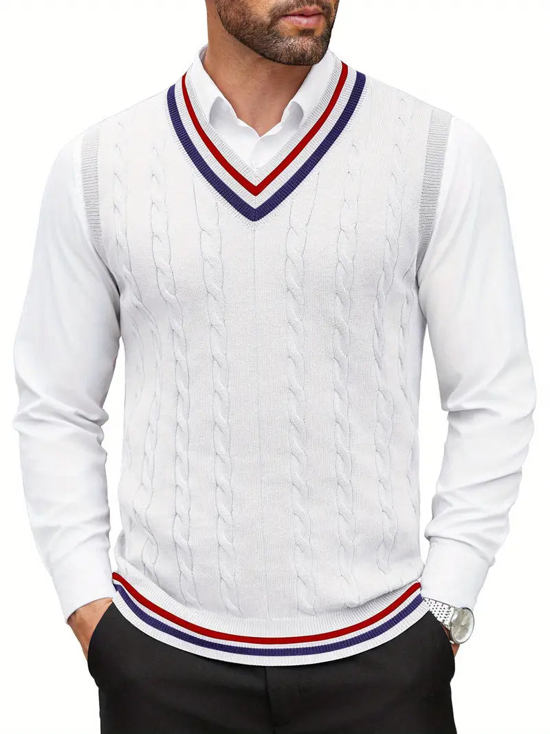 Men's V-Neck Sleeveless Knit Sweater Vest, Casual Spring & Autumn Top