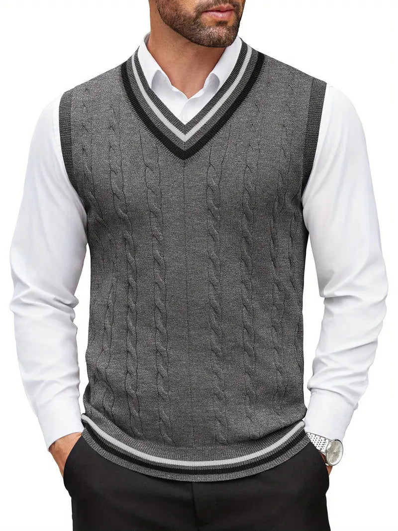 Men's V-Neck Sleeveless Knit Sweater Vest, Casual Spring & Autumn Top