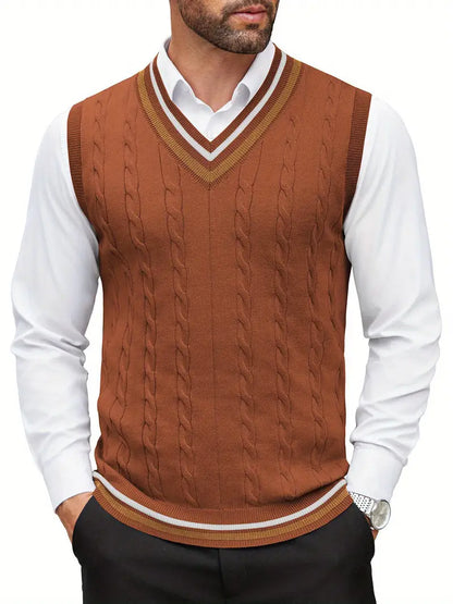 Men's V-Neck Sleeveless Knit Sweater Vest, Casual Spring & Autumn Top