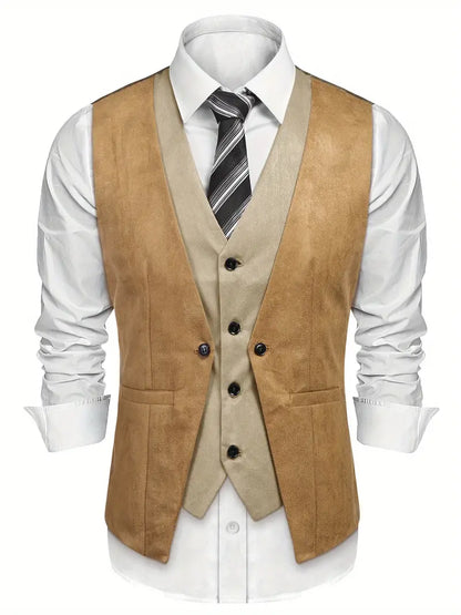 Men's Waistcoat Suede Vest Layered Style Dress Vest