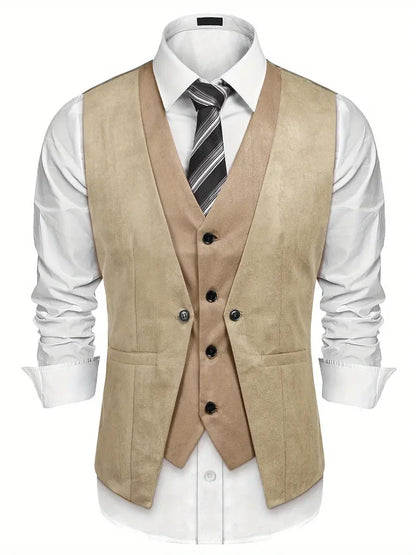 Men's Waistcoat Suede Vest Layered Style Dress Vest