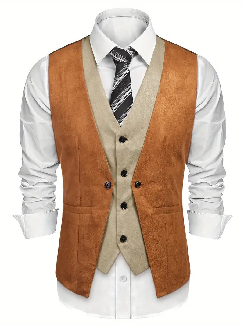 Men's Waistcoat Suede Vest Layered Style Dress Vest