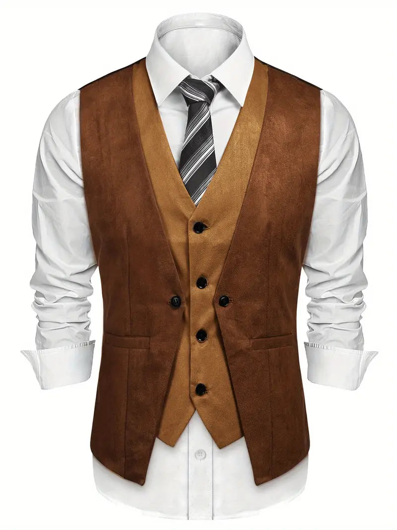 Men's Waistcoat Suede Vest Layered Style Dress Vest