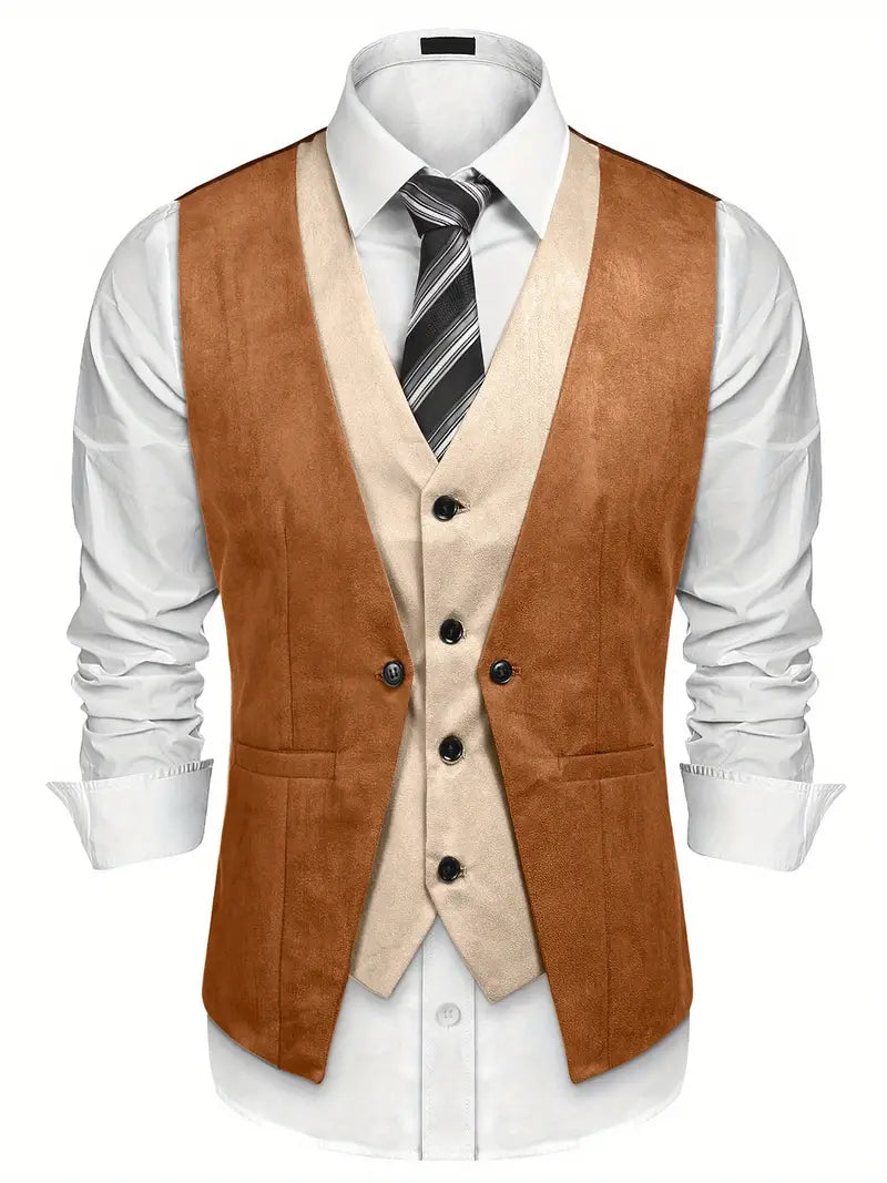 Men's Waistcoat Suede Vest Layered Style Dress Vest