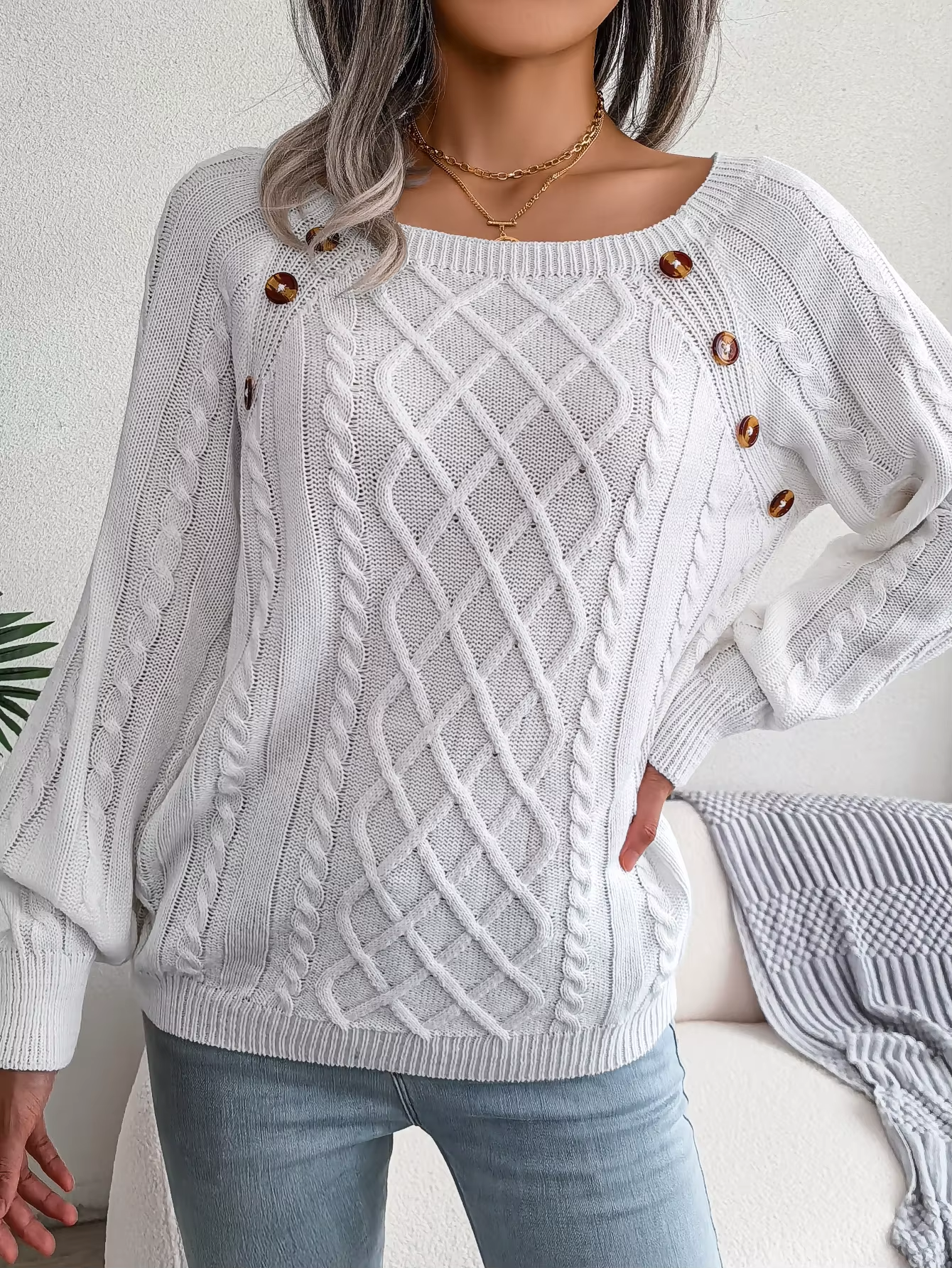 Women's Cable Knit Sweater - Button Long Sleeve, Crew Neck Pullover for Fall