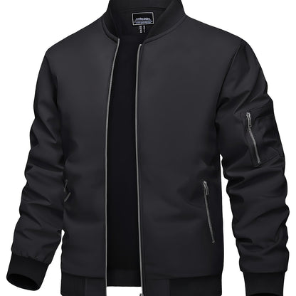 Men's Bomber Jackets Lightweight Casual Spring Fall Windbreaker Zipper Coat With Multi-Pockets Classic Pilot Jackets With Thermal Fabric Soft Warm Solid Color Stand Collar Athletic Jackets For Dating Running Party Working And Daily Wear