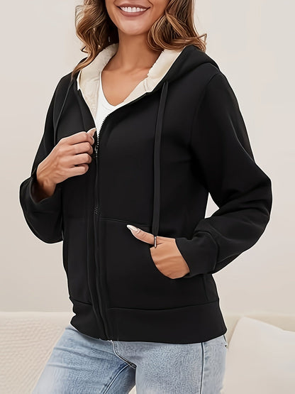 Sherpa Lined Hooded Zip-up Sweatshirt, Warm Fleece Jacket for Women