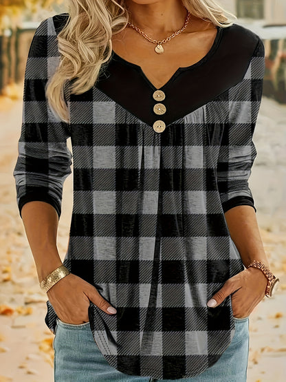 Plaid V-Neck T-Shirt for Women, Boho Style, Long Sleeves.