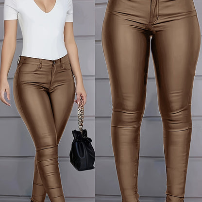 Women's Coated Skinny Jeans, Elegant Style, High-Waist Faux Leather, Stretchy Denim Pants, Fashion Versatile Trousers For Casual And Evening Wear For Fall