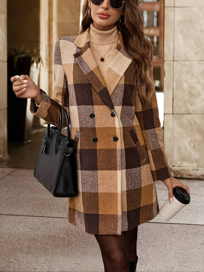 Plaid Double-breasted Longline Coat, Elegant Fall & Winter Outerwear