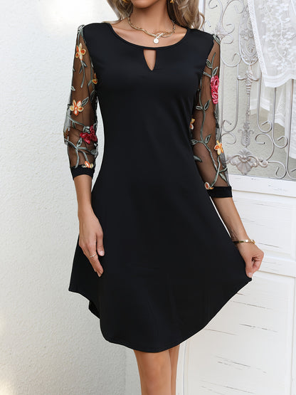 Floral Dress, Three-Quarter Illusion Sleeves, Keyhole Neck, Loose Fit.