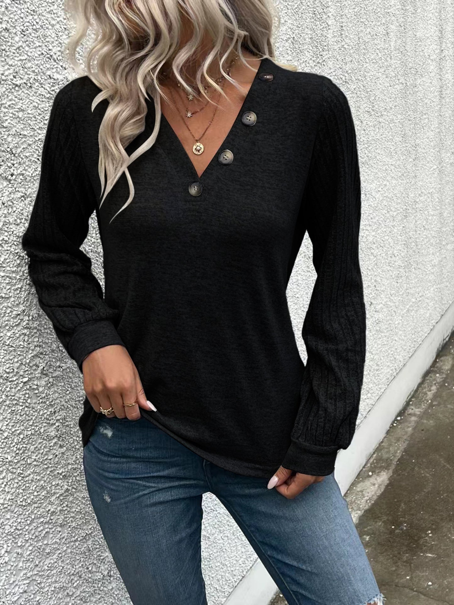 Solid Ribbed V-Neck Long Sleeve T-Shirt, Elegant and Comfortable.