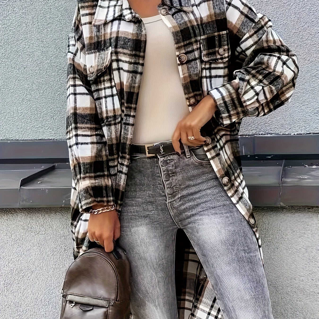 Plaid Print Long Length Jacket, Casual Button Front Flap Pockets Outwear, Women's Clothing