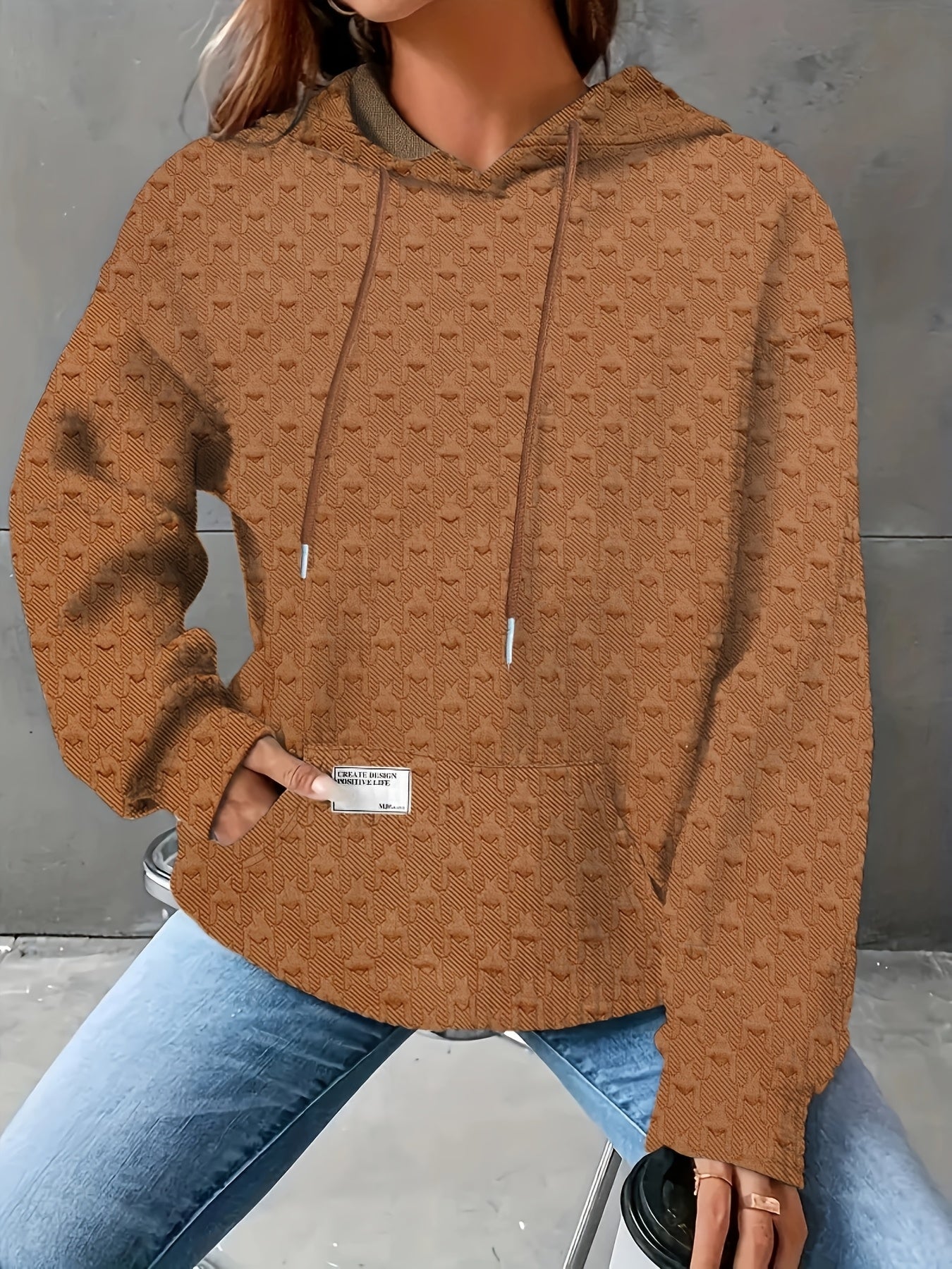 Women's Cozy Waffle Knit Hoodie - Casual Long Sleeve, Solid Color Pullover with Front Pocket & Drawstring Neck, Perfect for Fall/Winter, Polyester, White