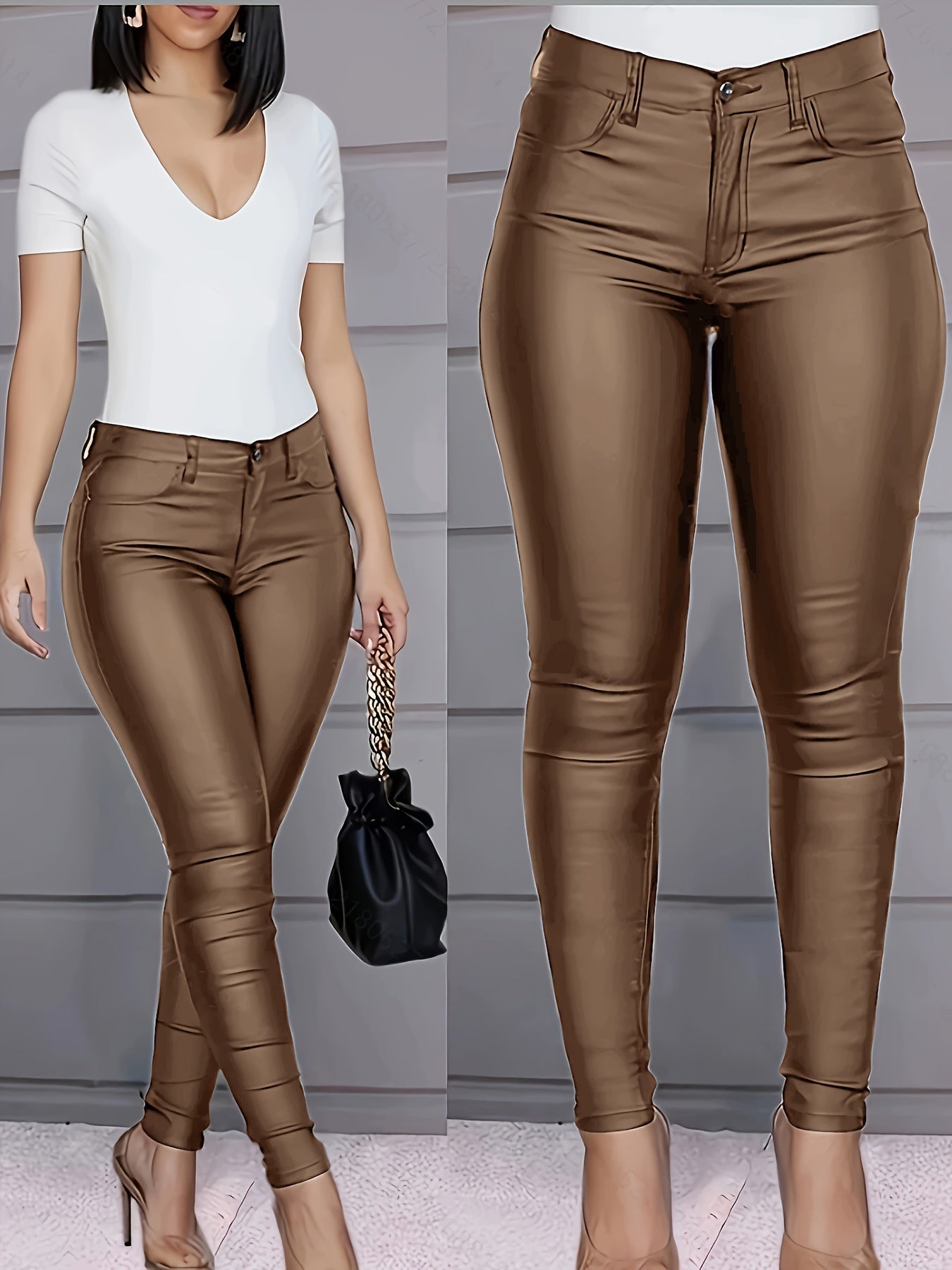 Women's Coated Skinny Jeans, Elegant Style, High-Waist Faux Leather, Stretchy Denim Pants, Fashion Versatile Trousers For Casual And Evening Wear For Fall