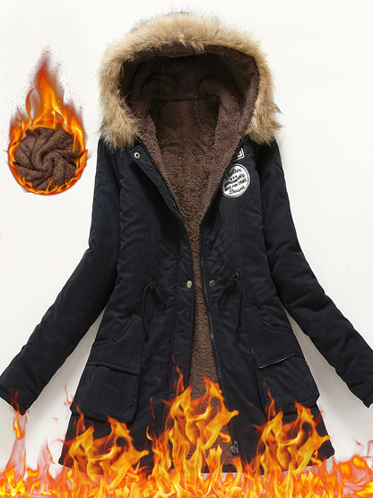 Winter Warmth Hooded Jacket - Thick Fleece-Lined, Zip-Up, Casual Cargo Style with Large Fur Collar, Machine Washable