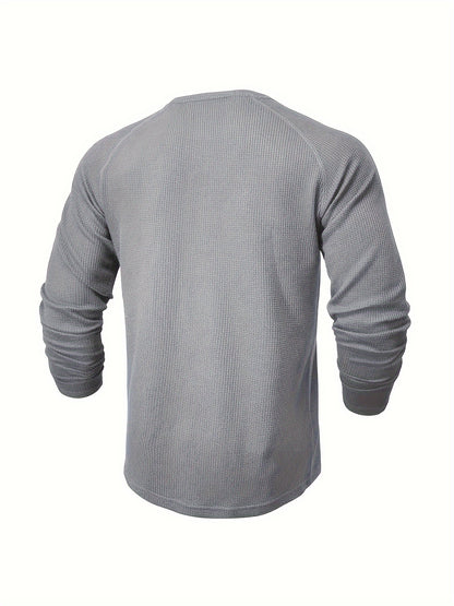 Men's Solid Henley Shirt, Long Sleeve, Crew Neck, Half Button