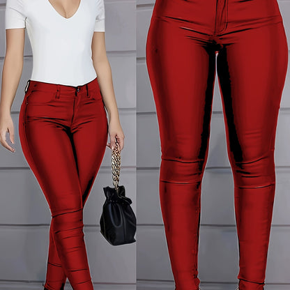 Women's Coated Skinny Jeans, Elegant Style, High-Waist Faux Leather, Stretchy Denim Pants, Fashion Versatile Trousers For Casual And Evening Wear For Fall