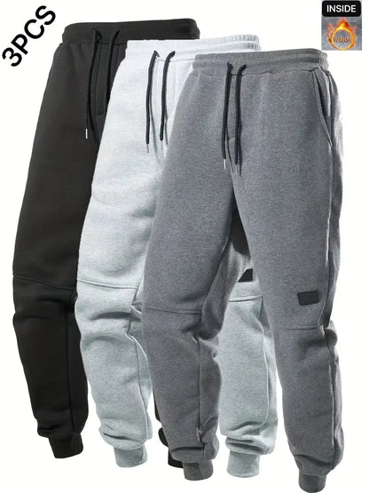 3pcs Men's Casual Solid Color Joggers, Men's Drawstring Pants With Pockets For Sport And Casual Wear-1