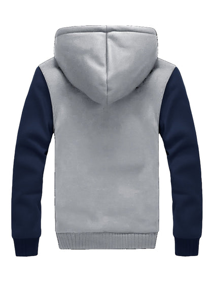 Men's Fleece Hooded Jacket, Casual Color Block Coat for Fall/Winter