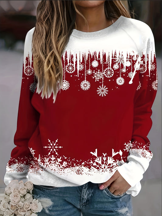 Snowflakes Print Pullover Sweatshirt, Casual Crew Neck for Fall & Winter