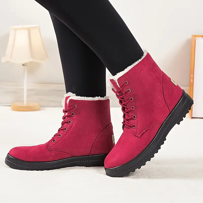 Women's Faux Fur Lined Lace-Up Ankle Boots - Warm, Round Toe